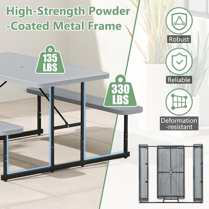 Picnic Table Set for 2-4 People, Umbrella Hole, Heavy-Duty Metal Frame & 2 Benches, HDPE Rectangular Outdoor Dinning Table & Benches for Outside, Patio, Garden, Backyard, Porch (Gray)