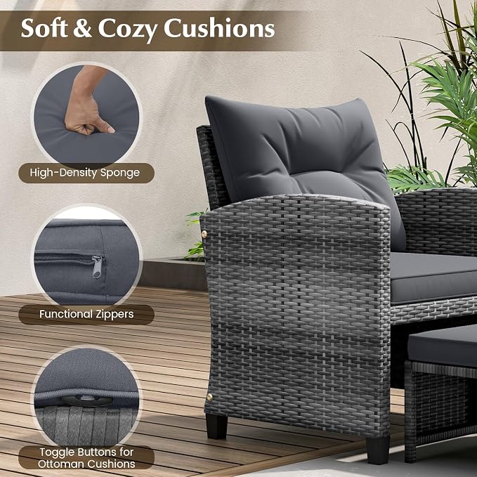 COSTWAY 5-Piece Rattan Conversation Set, Outdoor Wicker Sofa, Tempered Glass Coffee Table & Ottomans for Small Space, Boho Chic Indoor/Outdoor Furniture Set for Poolside, Backyard, Deck (Grey)
