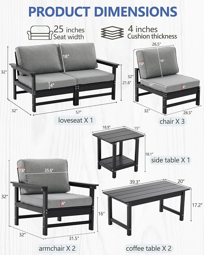 HDPE Outdoor Patio Furniture Set, 10-Piece Sofa Set with 5-Seat Couch, 2 Armchairs,Side Table & 2 Coffee Tables, Weatherproof Conversation Set with Cushions,for Garden, Porch & Backyard
