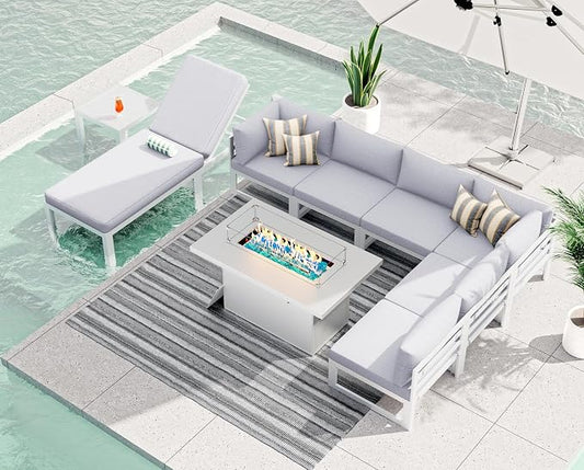 RADIATA 9 Pieces Aluminum Patio Furniture Set with Fire Pit Table, Modern Outdoor Sectional Sofa, Large Conversation Seat with Thick Cushion for Garden Backyard Deck Porch (White)