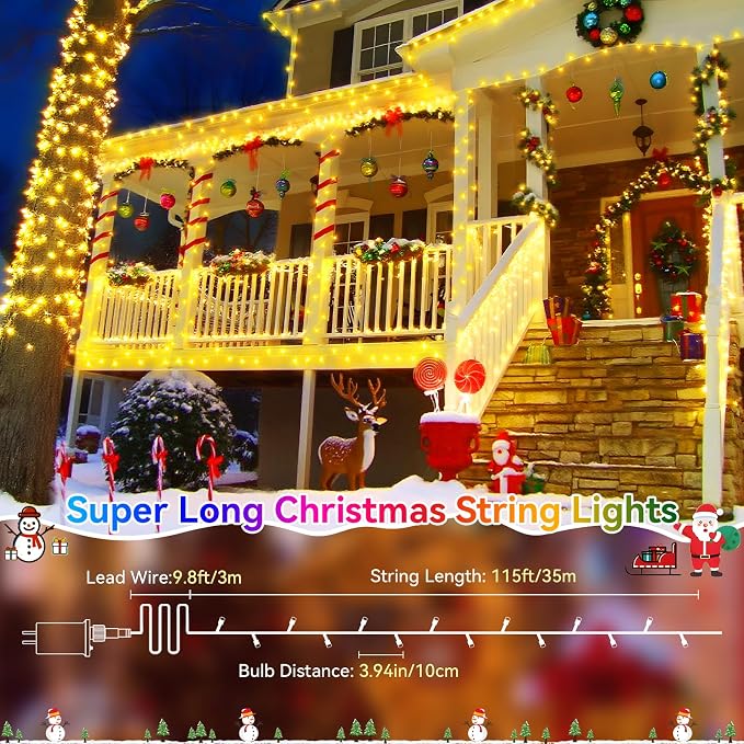 Christmas Lights Outdoor, 125FT 350 LED String Lights 8 Modes and Timer Memory Function Twinkle Fairy Lights Waterproof Plug in for Xmas Tree Wedding Party Holiday Decor(Warm White)
