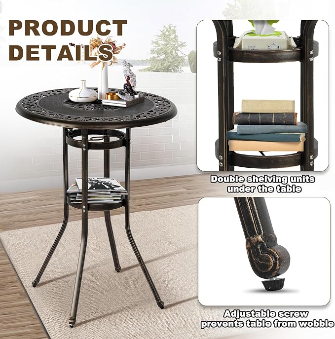 Grepatio 32" Outdoor Bar Table, Patio Cast Aluminum Height Bar Table, 41" Tall Patio Bistro Bar Table with Umbrella Hole, Round Patio High Top Dining Table for Garden Party