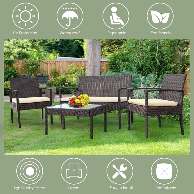 4 Piece Outdoor Patio Furniture Set, Rattan Patio Conversation Set | Thick Polyester Cushions, Tempered Coffee Table, Steel Frame Easy Assembly, Suit for Backyard Porch Poolside Balcony, Beige