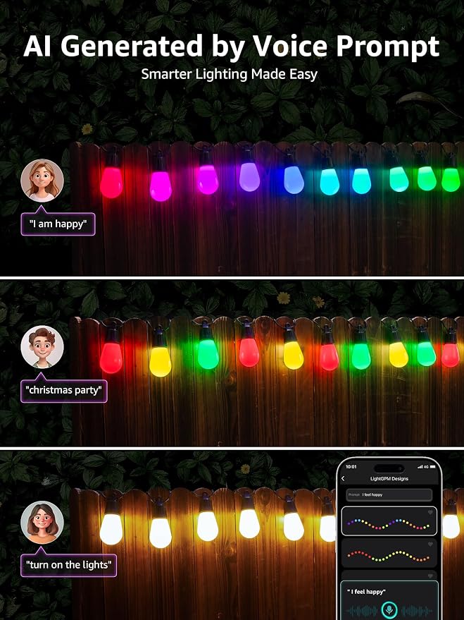 Lepro ZB1 AI Smart Outdoor String Lights, 54(42+12) ft RGB+IC+Warm White Outside Light with 15 Plastic LED Bulbs, Music Sync, Alexa Google Enable, 2.4 GHz WiFi+Bluetooth (APP Control, No Remote)
