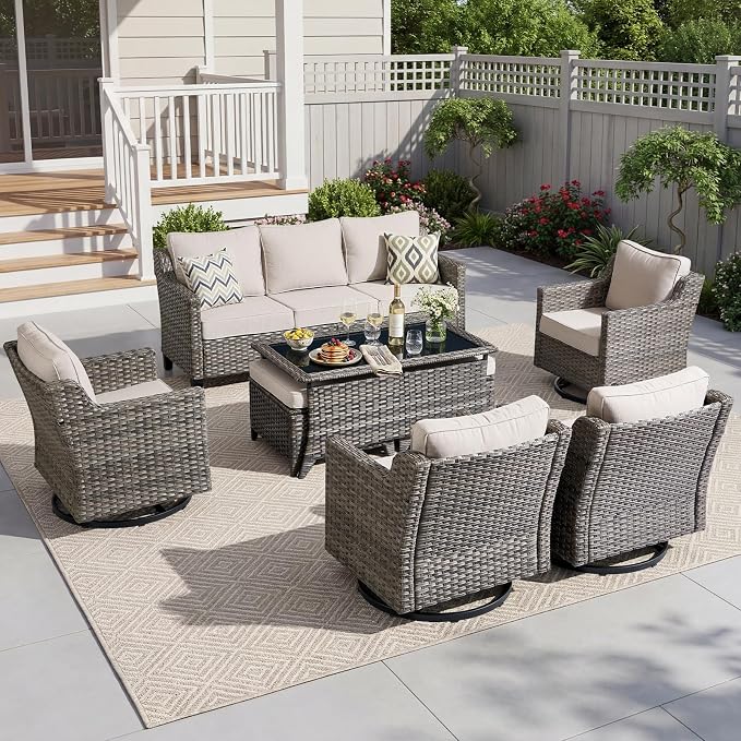 Luxury Patio Furniture sofa Set - 8 Pieces All Weather Wicker Outdoor Couch and High Back Swivel Rocker Patio Chairs with Glass coffee table for Deck Yard and Poolside Gray Wicker | Beige Cushions