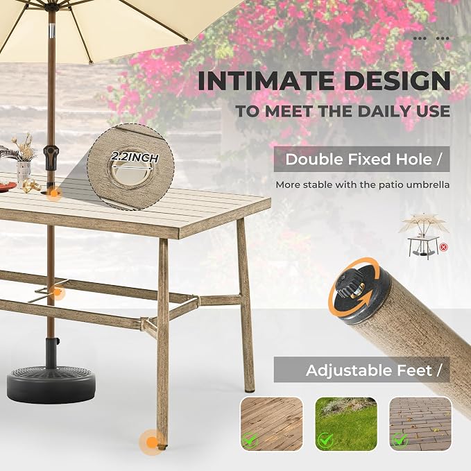 HAPPATIO 7-Piece Outdoor Dining Set for 6, Aluminum Patio Dining Set Includes 6 Swivel Dining Chairs and 1 Large Rectangular Table with Umbrella Hole, Patio Furniture Set for Lawn, Porch, Brown