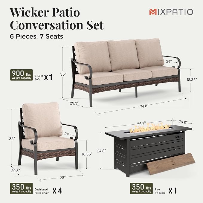MIXPATIO Patio Furniture Set with Fire Pit Table, Metal Outdoor Conversation Set with 5.75'' Extra Thick Cushion, 4 Leg Chairs, 3-Seat Sofa and Gas Fire Pit Table, Beige