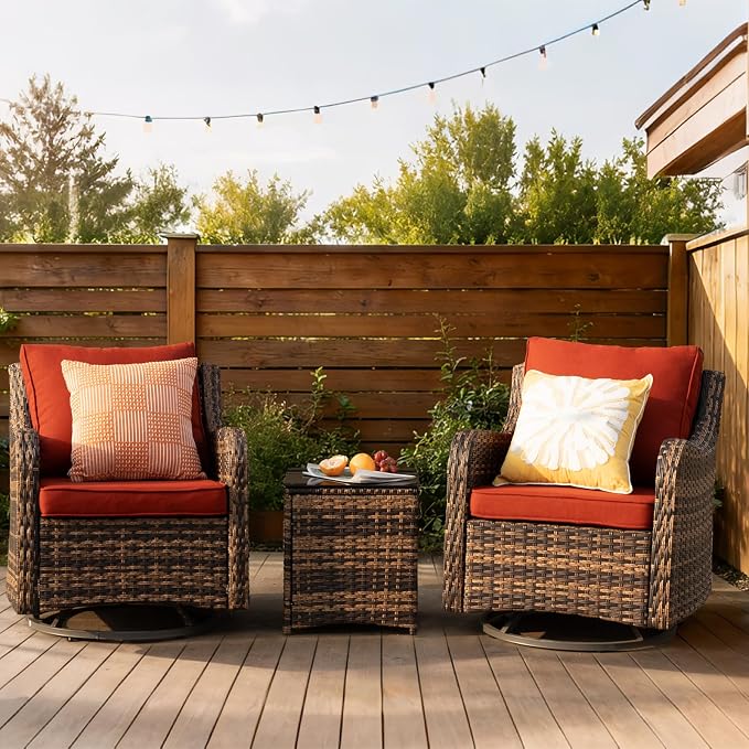 MEISSALIVVE 3 Pieces Patio Furniture Set with Swivel Chair, Outdoor Swivel Rocker with Washable Cushions & Tempered Glass Tabletop, Outdoor Rattan Conversation Set for Lawn Backyard Porch (Red)