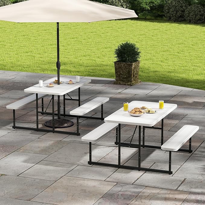 LDAILY Picnic Tables with Benches, Rectangular Dining Table Set for Outside 4 People, HDPE Tabletop, Metal Frame, Umbrella Hole, Heavy Duty Picnic Table for Outdoors, Patio, Lawn, Commercial (White)