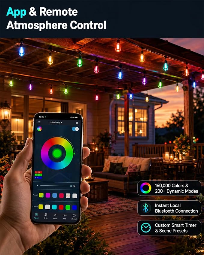 50FT RGBW Outdoor String Lights 24V Dimmable Patio | IP65 Waterproof, 200+ Dynamic Modes, Music Sync, App & Remote Control, Zip Ties Included, Weatherproof -4°F to 158°F