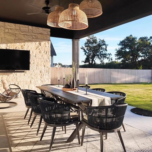 PURPLE LEAF 9 Pieces Outdoor Dining Set All Weather Wicker Patio Dining Set with Rectangular Aluminum Table and Modern Armrest Dining Chairs for Garden Deck Backyard Kitchen, Grey