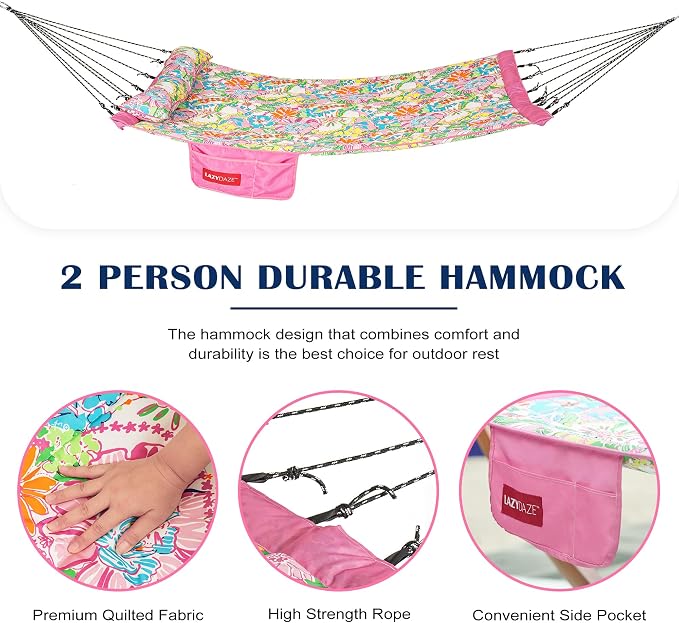 Lazy Daze Hammocks 12 FT Quilted Fabric Hammock with Curved Aluminium Spreader Bar, Double Hammock for Outside with Soft Pillow & Side Pocket 450 Lbs Capacity, Pink Floral