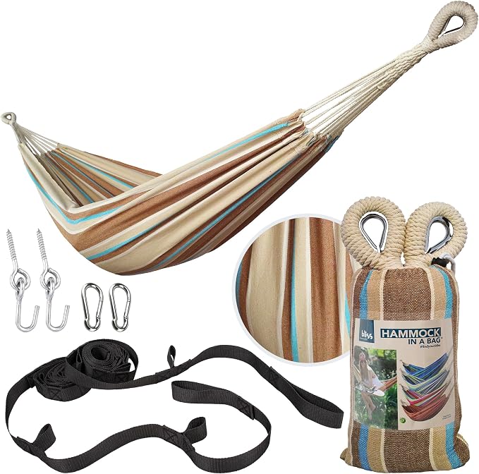 Bliss Hammocks 40" W Single Outdoor Hammock with Universal Multi-Loop Suspension with "S" Hooks, Durable, Cotton/Polyester, 220 Lbs Capacity, Hampton Stripe