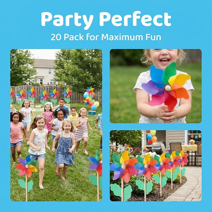 Jucoan 20 Pack Rainbow Pinwheels for Yard and Garden, Colorful Flower Pinwheels Toy for Kids, Plastic Wind Spinners for Outdoor Birthday Party Decor, No Assembly Required