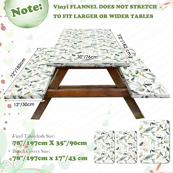 Boao 3 Pcs Vinyl Picnic Table Cover with Bench Cover 6 ft 30 x 72 Inch Waterproof Fitted Tablecloth Flannel Backing Rectangular Elastic Edged for Camping Outdoor Patio Travel(Eucalyptus)