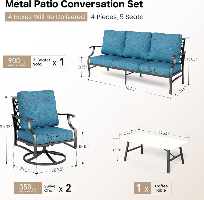 SUNSHINE VALLEY 4 Piece Metal Outdoor Patio Furniture Set, Patio Conversation Sets 3-seater Sofa, 2 Swivel Chair with 5.75" Extra Thick Cushion and Coffee Table, Black Frame Backyard Furniture, Blue-2
