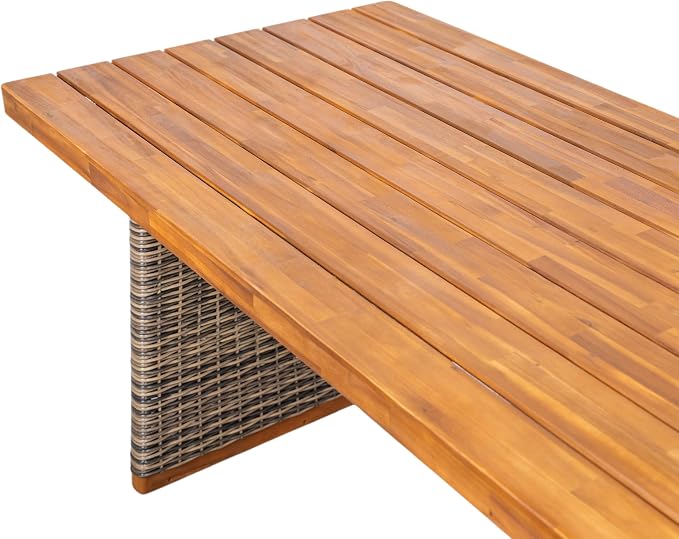 Christopher Knight Home Shuri Patio Acacia Wood Dining Table, Slatted Tabletop Outdoor Side Table with Handwoven Rattan Legs, Rectangular Outdoor Dining Table for Backyard/Garden, Grey + Teak