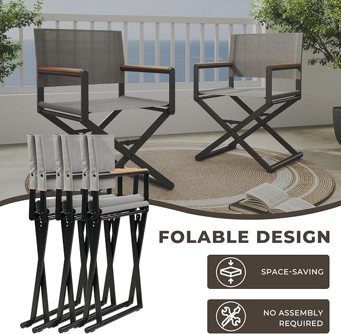 Grand patio 11-Piece Outdoor Dining Set, 10 Extra-Wide Folding Chairs & 1 Rectangle Expandable Table for 6-8 Person, Sling Mesh Patio Chairs with Wood Grain Table for Yard, Poolside, Deck, Gray