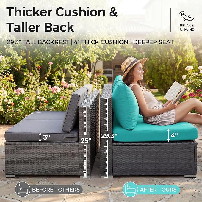 NICESOUL 15 Piece Patio Furniture Set with Fire Pit, Oversized Large Outdoor Sectional with Fire Pit, 500 lbs High Weight Capacity Wicker Deck Seating for 12, Gray & Teal