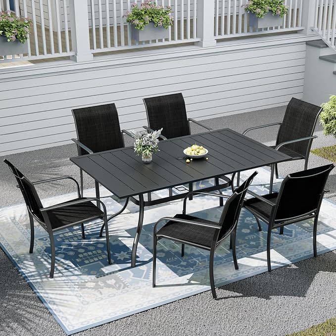 6-Piece Outdoor Dining Set with Umbrella Hole,63"x 38" Patio Table and Stackable Chairs Set for 6,Modern Garden Dining Set for Poolside Seaside Backyard