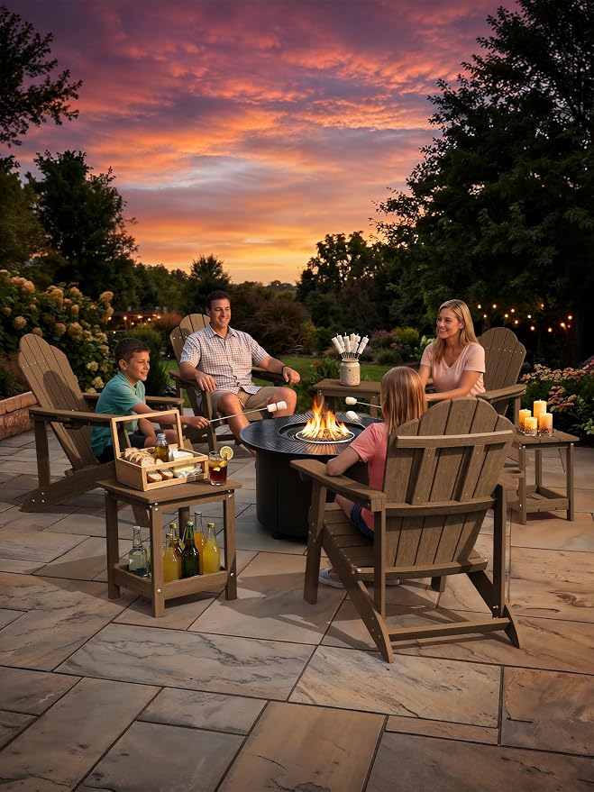 LUE BONA Outdoor Side Table, 2-Tier HDPE Small Outdoor End Table with Rail for Patio, Deck, Poolside, Low Maintenance & Weather Resistant, Walnut Brown