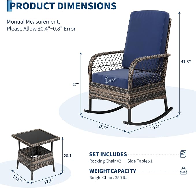 IDEALHOUSE 3 Piece Wicker Patio Rocking Chair Set, Outdoor Rattan Conversation Set with Coffee Table & Blue Cushions, All-Weather Bistro Furniture for Porch Garden and Balcony