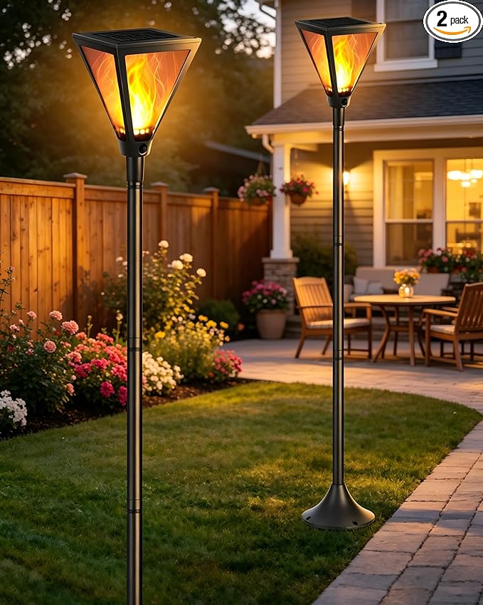 iBaycon 2 Pack 55in Solar Flame Post Lights Outdoor Landscape Pathway Lamp | Solar Garden Lights Warm White, Flickering Flame Light Outdoor Waterproof for Yard Lawn Pathway Landscape Decorations