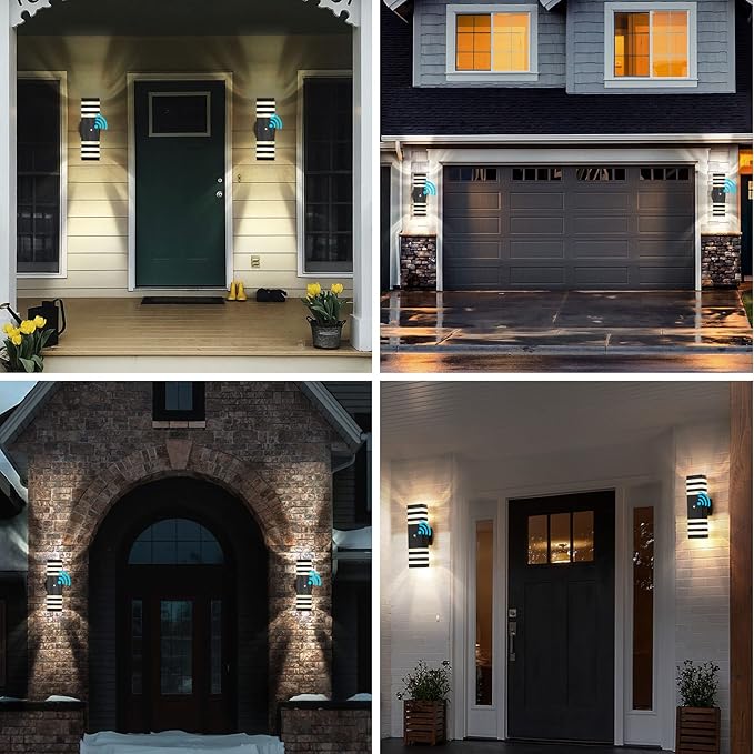 Dusk to Dawn Outdoor Wall Lights, Modern Exterior Light Fixture, 3-Layer Up and Down Matte Black Outdoor Lights IP65 3000K Warm White Waterproof Modern Wall Sconce for Garage Porch, 2 Pack
