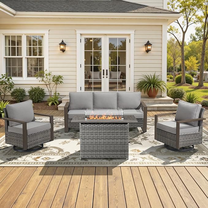 High Back Patio Furniture Set with Fire Pit Table, 4-Pieces Outdoor Furniture with Metal Arm Swivel Chairs, Wicker Conversation Set for Porch, Balcony, Deck and Yard, Grey/Grey