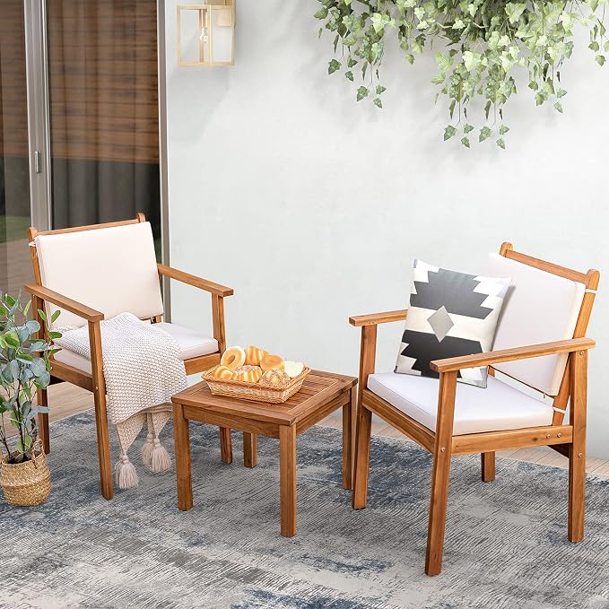 Greesum 3 Piece Bistro Patio Furniture Outdoor Chat Chair Set with Water Resistant Cushions and Coffee Table for Beach Backyard Garden, Beige