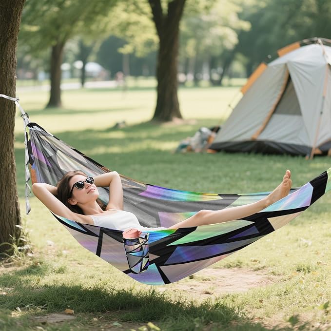Iridescent Triangles Camping Hammock, Portable Lightweight Single Hammock with Tree Straps and Aluminum Carabiners, 114" x 54" Travel Hammock for Hiking Backpacking Beach