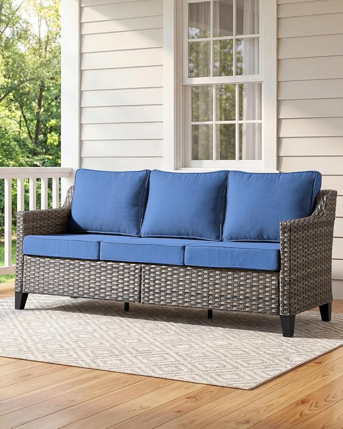 Outdoor Furniture Set of 3, Patio Furniture Sofa and Ottomans, High Back&Deep Seat for Garden Deck Porch Balcony Backyard - Blue