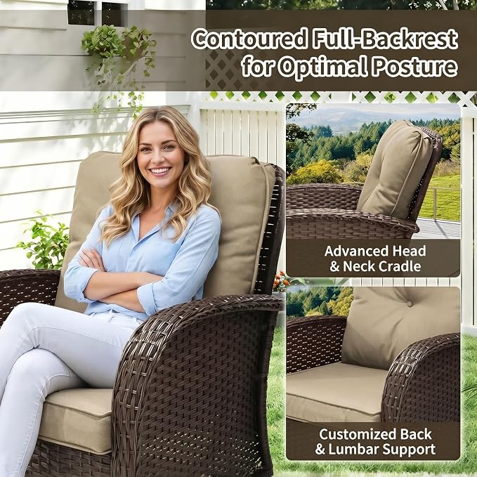 SHGJ&SOFT 3 Piece Patio Furniture Set, 2 Outdoor Swivel Rocking Chairs with Side Table, Wicker Glider Chairs, All-Weather Rattan Bistro Set for Porch, Deck, Pool (Brown, Brown Full-Weave Rattan)