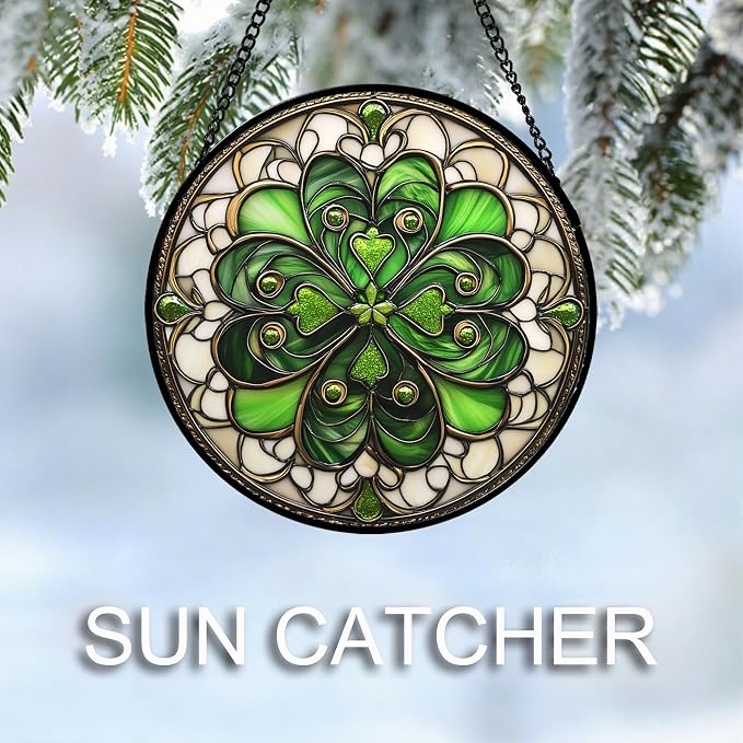 DASTOLL Stained Glass Window Hanging St. Ripak Festival Green Lucky Clover Large 15" - Suncatcher Door Garden Sun Catcher Ireland Decor Mother's Day for Mom Woman Her Men Sisters