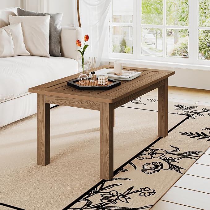 36" Outdoor Coffee Table, Weatherproof HIPS Patio Coffee Tables for Outside, All Weather Outdoor Center Table with 220lbs Capacity for Deck, Garden, Balcony, Indoor, Teak