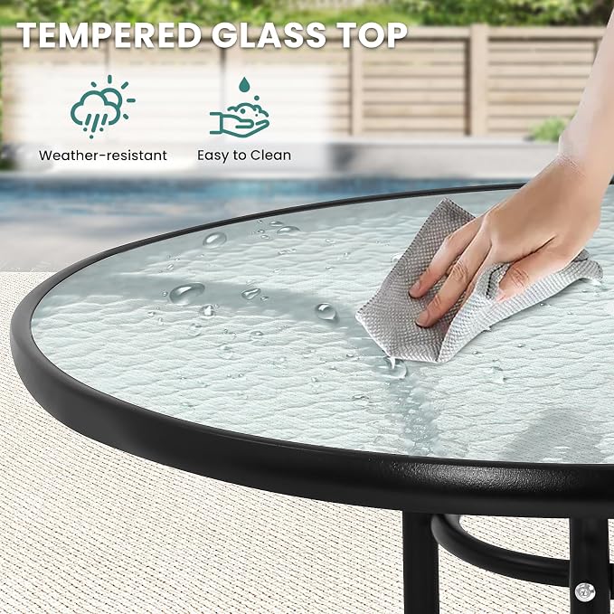 32'' Patio Bistro Table Round Outdoor Coffee Table, Round Tempered Glass Top with Umbrella Hole, Outdoor Dining Table for Balcony Backyard Lawn and Garden, Black