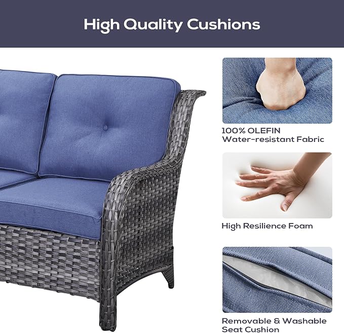Belord Patio Furniture Set 6 Seats, Oversized Outdoor Sectional Couch, Two 3-Seater Sofas with Coffee Table, Patio Conversation Sets,Ideal for Porch, Deck, Gray Wicker/Blue