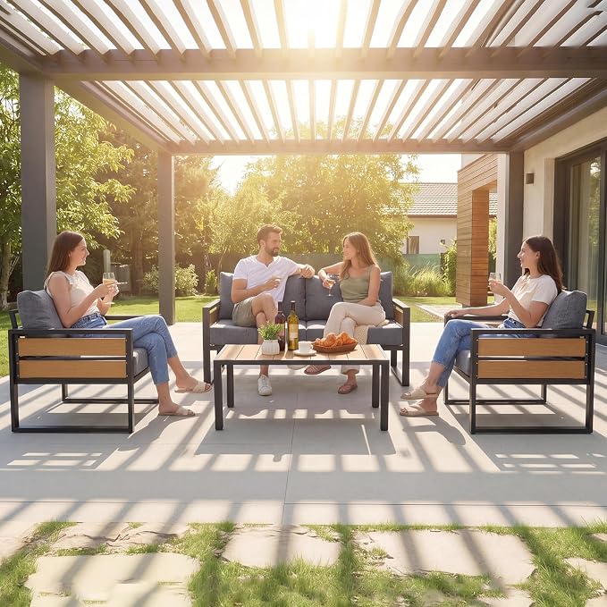 Furnimart Patio Furniture Set, 4-Piece Metal Outdoor Sectional, 4-Seat Patio Conversation Set with Deep Seating, Thick Cushions & Coffee Table for Backyard, Porch & Deck, Gray