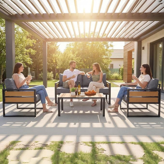Furnimart Patio Furniture Set, 4-Piece Metal Outdoor Sectional, 4-Seat Patio Conversation Set with Deep Seating, Thick Cushions & Coffee Table for Backyard, Porch & Deck, Gray