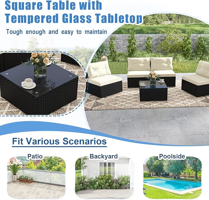 DORTALA 5 Piece Wicker Patio Furniture Set, PE Rattan Outdoor Sectional Conversation Set with Tempered Glass Coffee Table, 4 Chairs for Deck, Backyard, Poolside, Off White