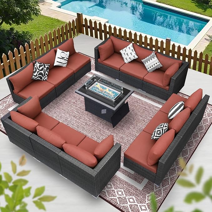 BULEXYARD 13 Piece High Back Outdoor Furniture Sets with Fire Pit, Luxury Patio Sectional Couch Sofa 12-Seater Modular, Comfortable Extra Large Wide Deep Backyard Seating Conversation Set, Grey & Red