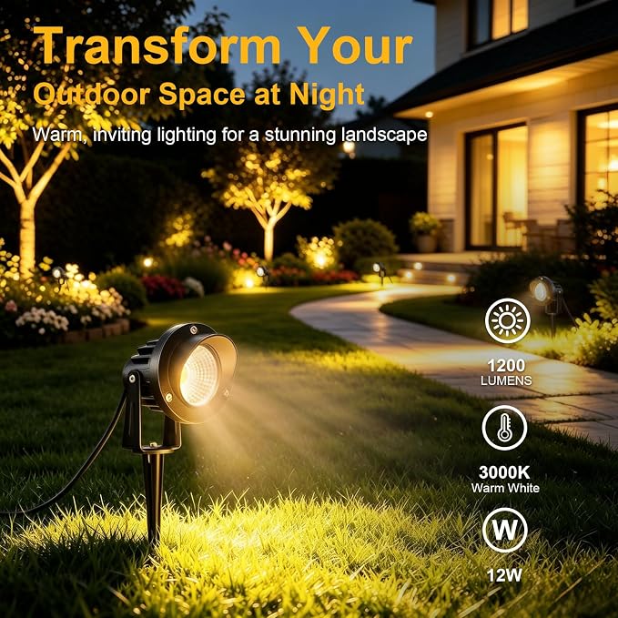 Romwish 12W LED Landscape Spotlights, 120V Plug-in Outdoor Lighting, 2 Pack | 1200LM Brightness with 3000K Warm White, IP65 Waterproof, Adjustable 270° Head & 60° Beam for Tree, Garden, Pathway and Yard