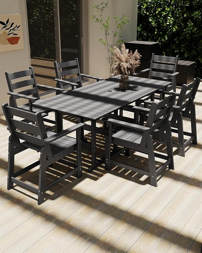 GREENVINES Outdoor-Dining-Table | 75” | HDPE | 2 Connectable Square Tables for 6 | Slatted | All-Weather | Patio Furniture | for Poolside Backyard Garden | Grey
