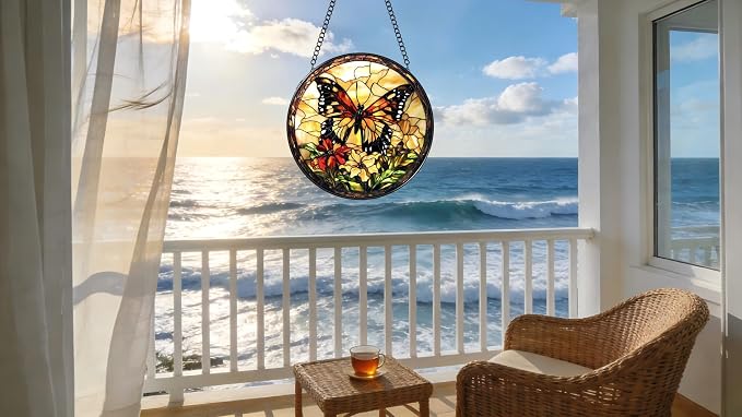 Stained Glass Window Hanging - Butterfly Red Flowers Yellow Flowers 6.3 Inches Suncatcher for Garden Home Decor for Women Mom Grandma Friends