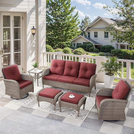 6 Pieces Outdoor Furniture-Patio Swivel Rocker Chairs Set of 2 3-Seater Wicker Couch with Outdoor Ottoman Outdoor Patio Furniture Set for Deck Porch Garden Balcony Poolside-Grey/Red