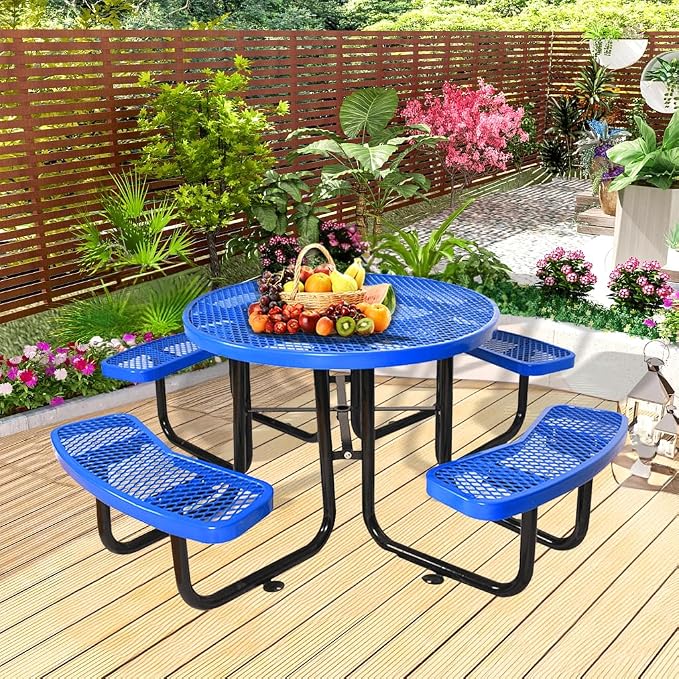 46" Thermoplastic Picnic Table with Umbrella Hole up to 1.5", Heavy Duty Commercial Picnic Table for Outdoor, Family & Party Ready for School Camping, Round, Blue