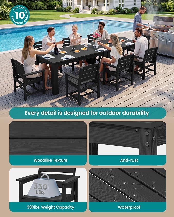 SERWALL Outdoor Dining Set for 8, w/ 2 Tables & 8 Armchairs, Black | All Weather Resistant HDPE Dining Sets for Patio, Garden, Backyard