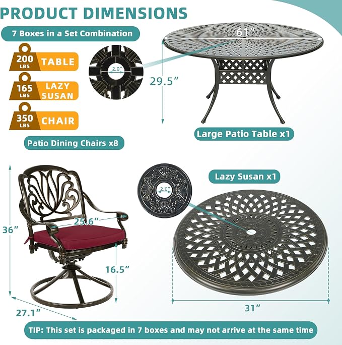 MEETWARM 9-Piece Outdoor Patio Dining Set, All-Weather Cast Aluminum Patio Conversation Set- 8 Cushioned Swivel Rocker, 61" Round Patio Dining Table w/Detachable Lazy Susan/Umbrella Hole, Chili Red