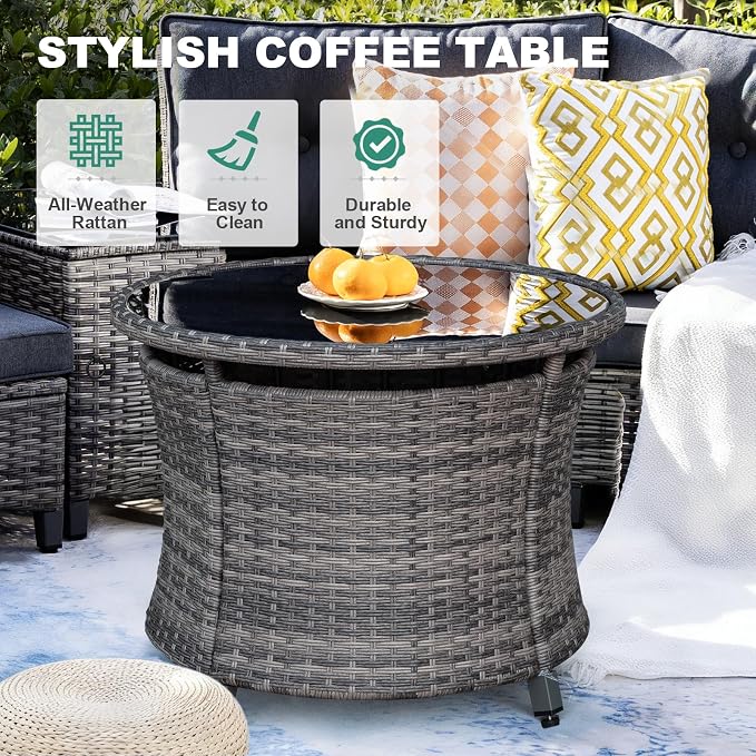MEISSALIVVE 8-Piece Half-Moon Curved Outdoor Patio Furniture Set, Sectional Conversation Sofa with 2 Half-Moon Ottomans, Round Coffee Table for Backyard Deck Garden, Grey