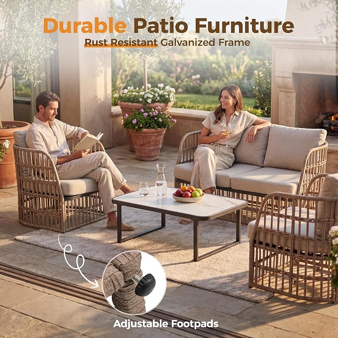 Patio Wicker Furniture Set, Outdoor Sectional Furniture Set, 4 Piece Rattan Patio Conversation Sets, Balcony Loveseat, Outdoor Sofa for Backyard, Garden, Outside, Lawn, Poolside, Beige